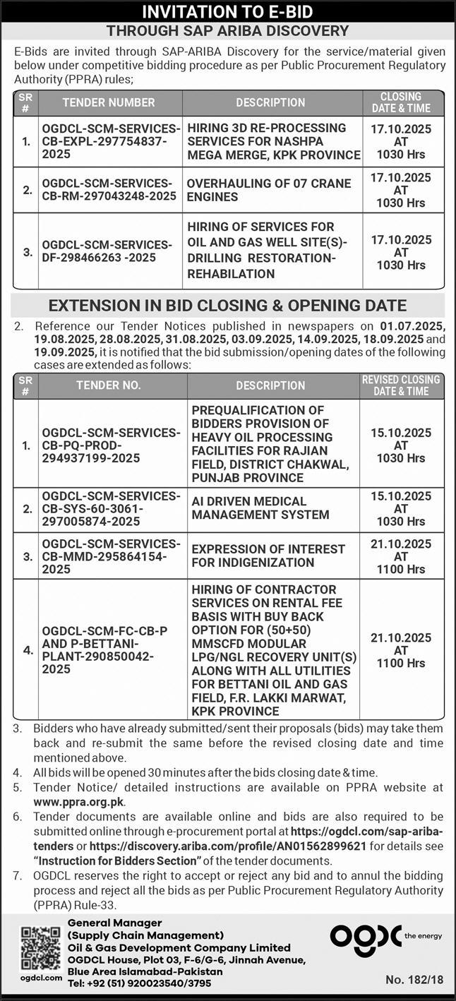 Oil & Gas Development Company Limited Islamabad Tender Notice